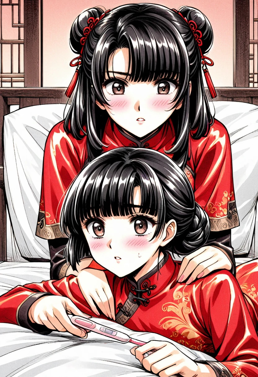 Period drama manga style　A 15-year-old super beautiful Chinese girl with black hair in a bun cut　She is made to lie on her back on a Chinese-style bed, wearing a long-sleeved royal Chinese dress, and the emperor thrusts his penis into her pussy in the missionary position, making her cry.　She gets fucked hard