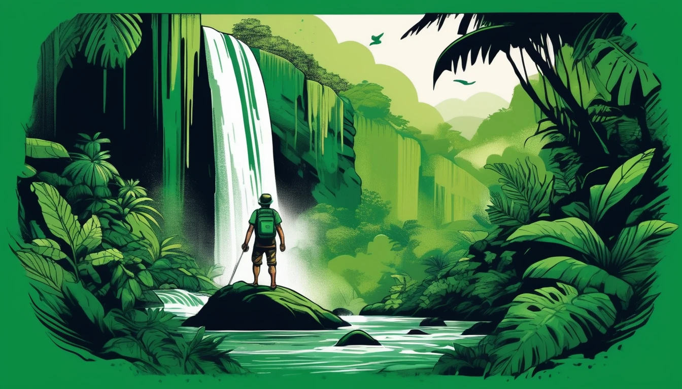 Adventure T-shirt, Explorer Character, Jungle Waterfall Landscape, Lush Green Color Palette, Leafy Texture, Pen and Ink Style, Diagonal Perspective
,T shirt design,TshirtDesignAF,
