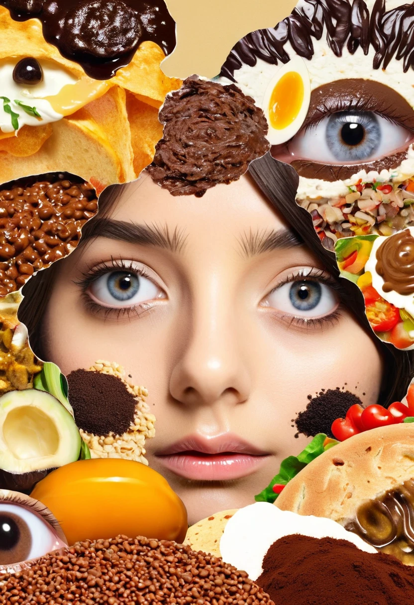 1girl,food,mole,multi-layered collage,photomontage,eyes,Distorted faces
