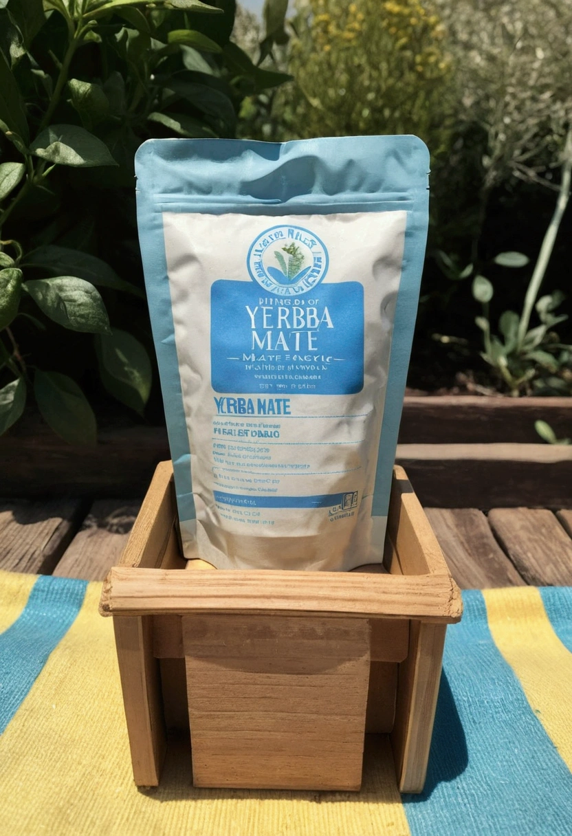 Light blue and white yerba mate package. Urinating on a yellow and blue coffee packet