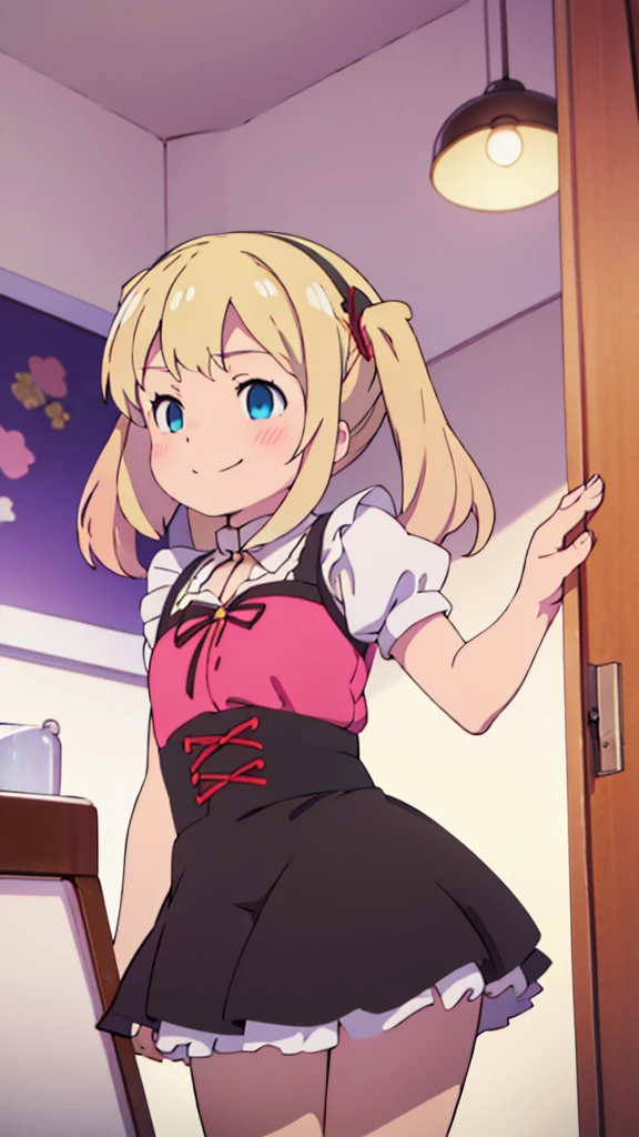 ((masterpiece))((Highest quality))girl、smile、blush、Flat Chest、Are thin、Blonde Hair、Are standing、Low - Angle、front、No background、真frontのアングル、A black maid outfit full of frills、Twin tails、Angle where you can see inside the skirt、Fisheye Lens