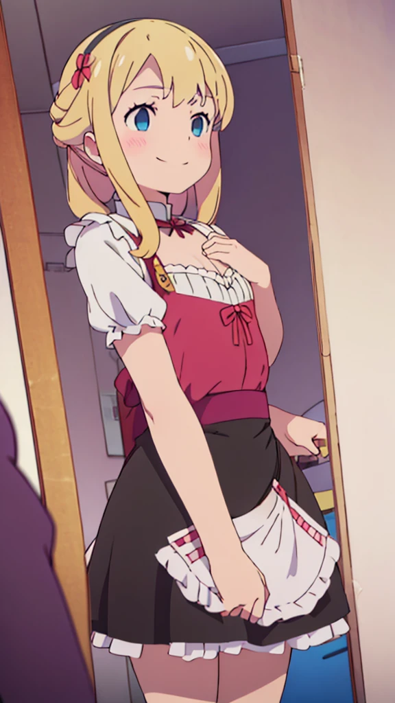 ((masterpiece))((Highest quality))girl、smile、blush、Flat Chest、Are thin、Blonde Hair、Are standing、Low - Angle、front、No background、真frontのアングル、A black maid outfit full of frills、Twin tails、Angle where you can see inside the skirt、Fisheye Lens