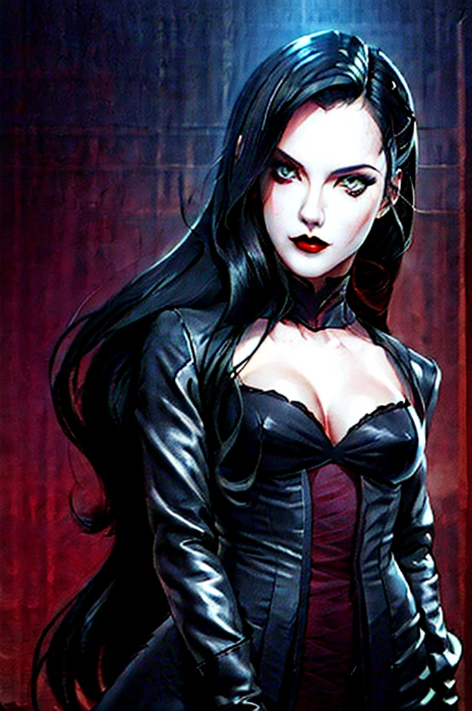 20-year-old woman ,perfect asymmetrical face and detailed eyes 3D slender figure big oppais long hair, pose sexy , lenceria,  y mirando al espectador, imagen perfecta para wallpaper fanart, gothic makeup voluminous and red lips 