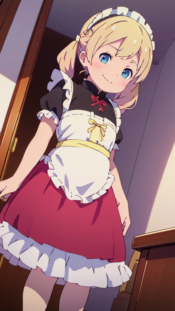 ((masterpiece))((Highest quality))girl、smile、blush、Flat Chest、Are thin、Blonde Hair、Are standing、Low - Angle、front、No background、真frontのアングル、A black maid outfit full of frills、Twin tails、Angle where you can see inside the skirt、Fisheye Lens