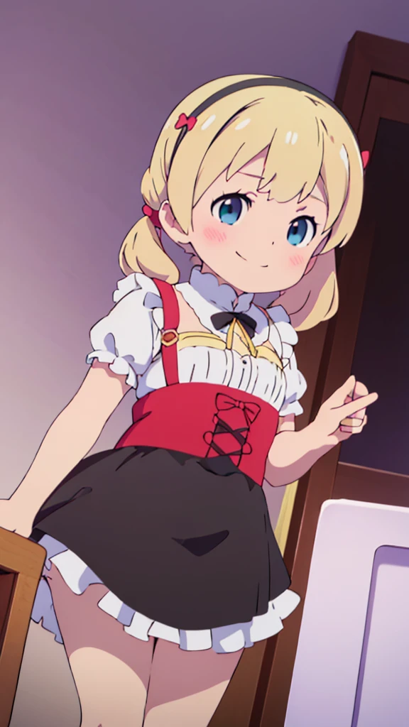 ((masterpiece))((Highest quality))girl、smile、blush、Flat Chest、Are thin、Blonde Hair、Are standing、Low - Angle、front、No background、真frontのアングル、A black maid outfit full of frills、Twin tails、Angle where you can see inside the skirt、Fisheye Lens
