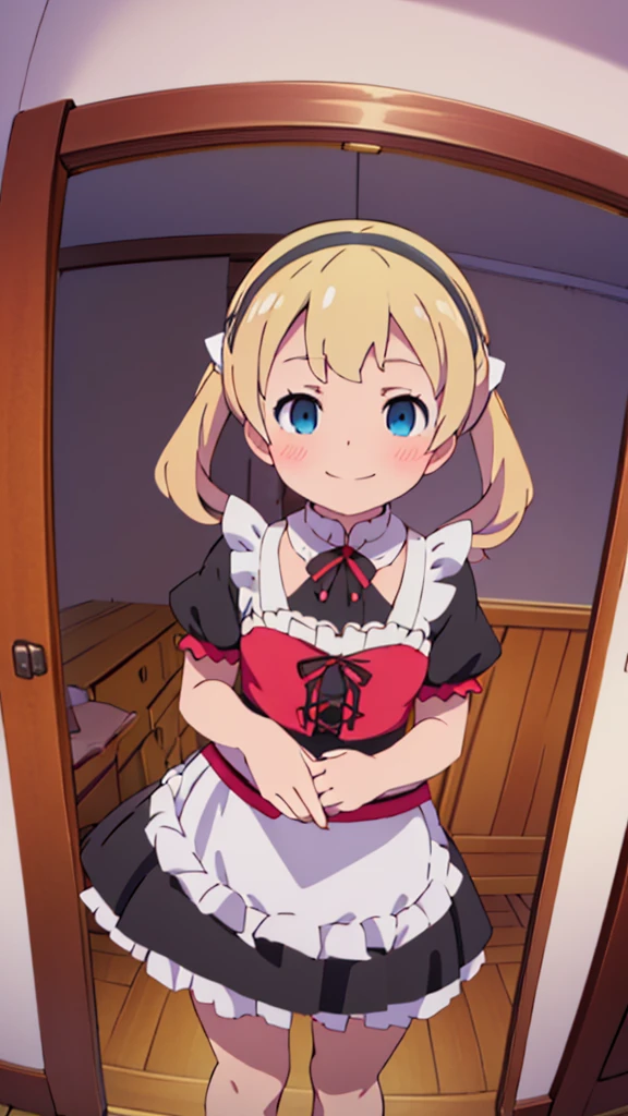 ((masterpiece))((Highest quality))girl、smile、blush、Flat Chest、Are thin、Blonde Hair、Are standing、Low - Angle、front、No background、真frontのアングル、A black maid outfit full of frills、Twin tails、Angle where you can see inside the skirt、Fisheye Lens