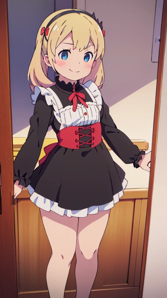 ((masterpiece))((Highest quality))girl、smile、blush、Flat Chest、Are thin、Blonde Hair、Are standing、Low - Angle、front、No background、真frontのアングル、A black maid outfit full of frills、Twin tails、Angle where you can see inside the skirt、Fisheye Lens