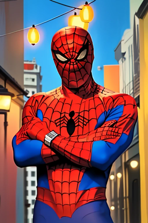 highly detailed, male, skinny, spiderman, detailed spiderman costume,colorful, (vibrant color:1.2), highly detailed background, painting (medium), abstract, BREAK (perfect anatomy and head and face and limbs and arms and hands and fingers and legs, expressive-eyes) sexy pose at a lamp pose, city background
