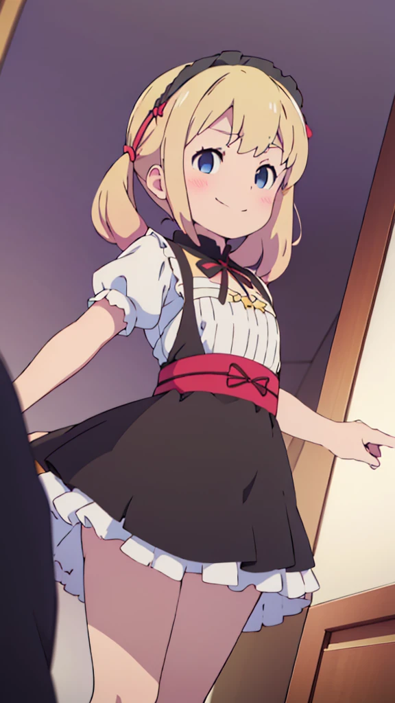 ((masterpiece))((Highest quality))girl、smile、blush、Flat Chest、Are thin、Blonde Hair、Are standing、Low - Angle、front、No background、真frontのアングル、A black maid outfit full of frills、Twin tails、Angle where you can see inside the skirt、Fisheye Lens