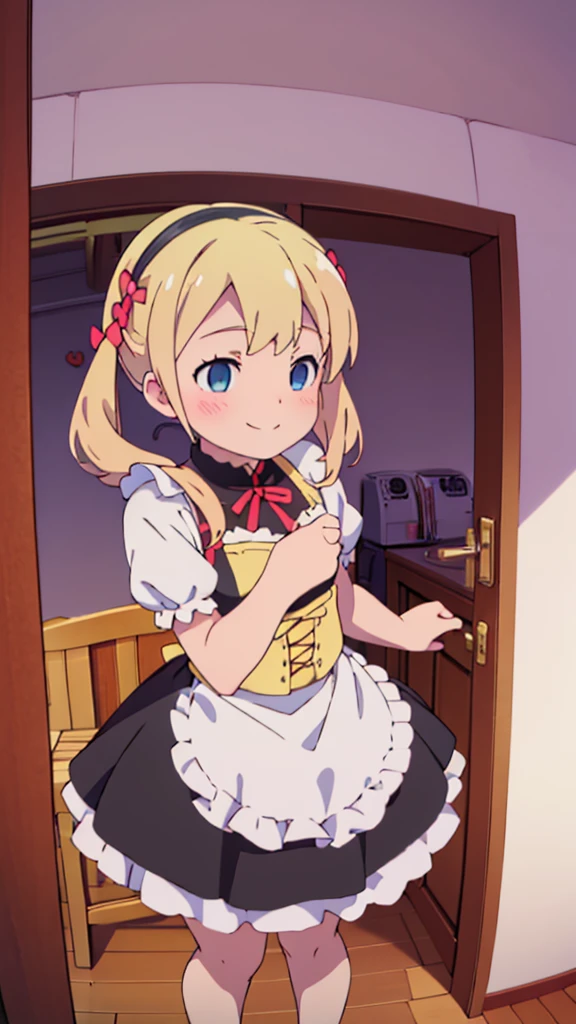 ((masterpiece))((Highest quality))girl、smile、blush、Flat Chest、Are thin、Blonde Hair、Are standing、Low - Angle、front、No background、真frontのアングル、A black maid outfit full of frills、Twin tails、Angle where you can see inside the skirt、Fisheye Lens