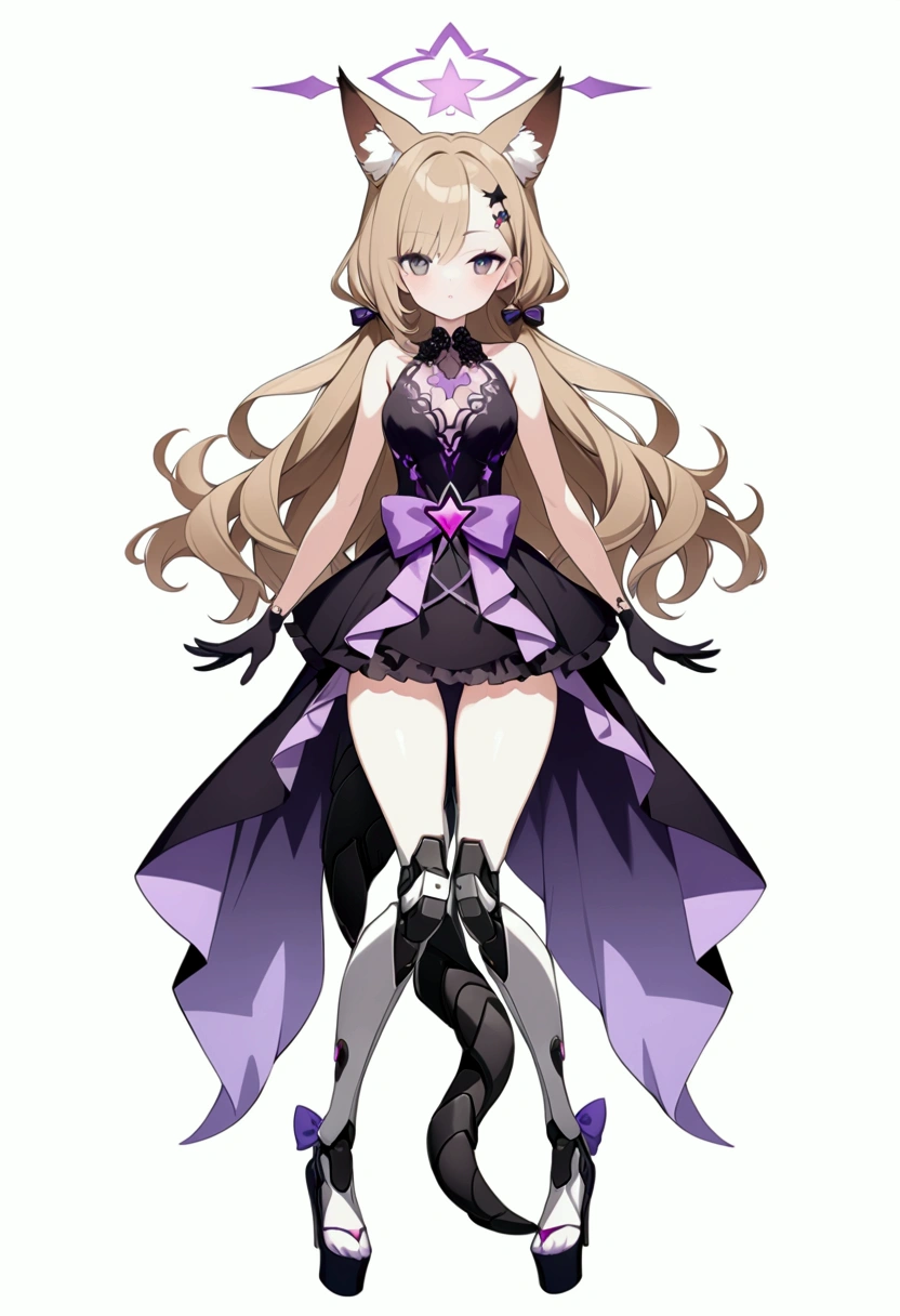 woman 170 cm tall, medium chest, wide hip, slim build, charming look, ((whole body)), (((character design sheet: front view))), (dark blonde hair), ((hip length wavy hair, asymmetrical bangs, star hairpin)), (She has a short braid tied with an elegant purple ribbon on the left side of her hair above her chest.), (She has a short braid tied with an elegant purple ribbon on the right side of her hair above her chest.), She has little hair bows in the back of her hair.), ((Gray eyes with a pink 4-pointed star in the pupil.)), (Two black and purple fox ears located on the top of the head.), (Luminous black horizontal halo with purple star patterns above head), He has a black collar with a heart emblem on his neck..., (Elegant long one piece dress, Thigh-length lace and ruffle skirt, large bow at the back of the hip, ribbon decorations and star patterns on the dress), black ruffled gloves, Black platform heels, gray belt at the waist with a large ribbon with a luminous pink heart in the middle, ((Has a detailed succubus tail that ends in a purple heart shape.)), (((It has complex mechanical legs that reach up to the thighs and are black with small purple details...))), beautiful detailed hair, beautiful detailed dress, extremely detailed arms, extremely detailed face, small face, Beautiful detailed eyes, beautiful detailed lips, adorable, extremely detailed legs, (Best Quality, 4k, high resolution), ultra detailed, Exquisite and epic character art., ((White background)), (Focus on symmetry).