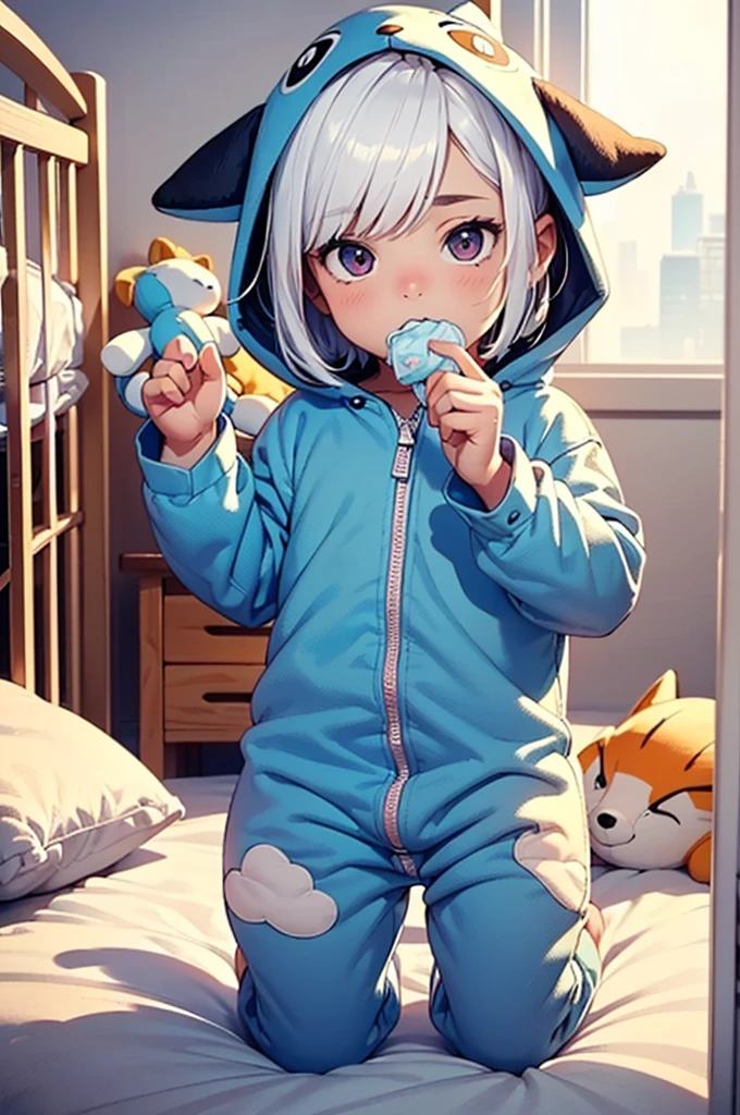 A  boy with white hair in a large nursery, (thumb in mouth), (playing with baby to ((wearing a fox onesie)), (((wearing a diaper))), [[sleeping]], (in a crib 1.5), stuffed animals, ((1boy)), high quality, extremely detailed, highly detailed, masterpiece, soft lighting, warm colors, pastel colors, (well drawn fingers), well drawn feet, 
