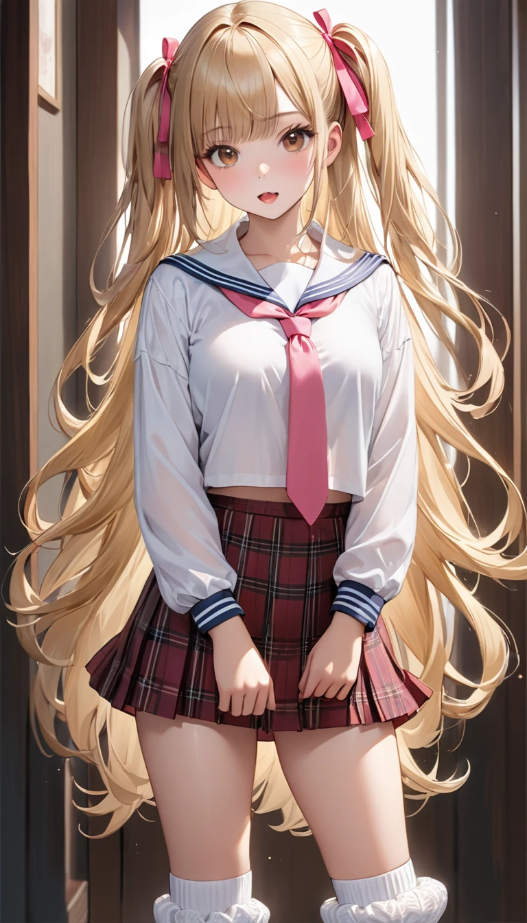 Sailor short shirt with a wide open collar, Full body standing portrait, (Masterpiece, Super realistic, Super details, Super Highest Quality, Super Highest Quality), super cute and beautiful girl, You are male professional photographer, Japanese gal, For dark brown eyes, Blonde yellow hair, Pink ribbon, gal make-up, False eyelashes, Pearl pink lips, Unbuttoned out Hemmed sailor red open collared open front white shirt, (Very thin shirt:1.3), beautiful side face focus, big open mouth, (brown eyes:1.4), big round chest, BREAK, (Half down two side up blonde very long hair style:1.4), (Wider at the hem flabby large in size Super Loose Socks:1.4), An innocent 16-year-old girl, (skin fang:1.2), realistic cute Japanese girl, standing pose, wear white unbuttoned shirt, low-rise pleated plaid micro mini skirt, Japanese cute girls, long hair, blonde hair, two side up, hair ribbon, pink ribbon, frills, opened sailor collar, necktie, white shirt, long sleeves, low rise red sexy skirt, loafer, (Hemmed white frilled sexy outfit:1.3),