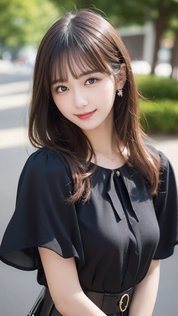 masterpiece, best quality, illustration, ultra-detailed, finely detailed, high resolution, 8K wallpaper, perfect dynamic composition, beautiful detailed eyes, summer blouse setup clothes, medium hair, small breasts, natural color lips, bold sexy poses, smile, Harajuku, 18 years old girl, cute, sexy shot, looking at camera