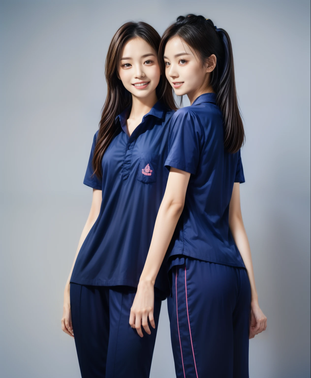 (best quality,10,10,height,Masterpiece:1.2),Special details,(realistic,ภาพrealistic,Realistic photos:1.37),1 Cute girl in the kitchen,shiny, ผิวshiny,only,smile softly,BDclothelue shirt:1.3)),short sleeve,shirt, กางเกงขาlong.,(navy_long_track pants:1.1), ((Kitchen Background)),Dynamic angle,excited,Face focus,dynamic poses,from behind,focus on ass,Masterpiece, best quality, ultra realistic, hyper detail, 8k resolution, raw photos, Sharp focus, ((Navy blue shirt:1.1)), short sleeve, เส้นทางlong, perfect body, 2 mature women, 18 years old, Cinema-grade lighting system,blue sweatpants,shirtผ้าออกกำลังกาย,correct anatomy,perfect body, correct body, Sharp face, correct bodyทางกายวิภาค, full body, realistic gestures, long-haired, realistic poses,Wear long shorts...........................,ช่วงขาlong,Good shape,carved girl, Slender figure, model, Good shape, beautiful body,blue sweatpants, two girls kissing