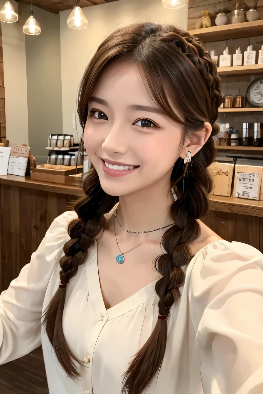 Clear Beauty、、 smile、Beautiful teeth alignment、Brown Hair、Hairstyle braid、ear piercing、Necklace around the neck、Long sleeve blouse、The background is a coffee shop