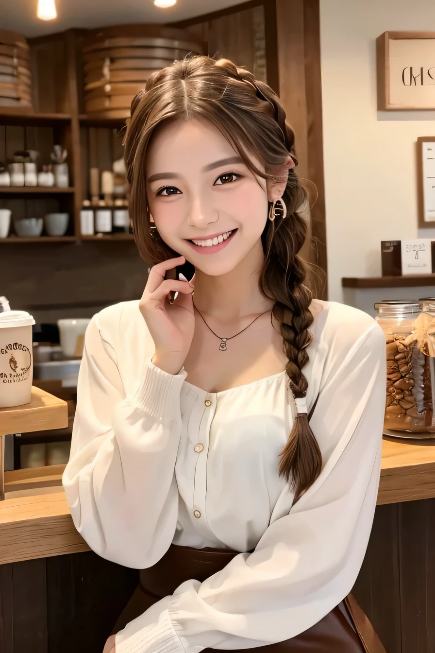 Clear Beauty、、 smile、Beautiful teeth alignment、Brown Hair、Hairstyle braid、ear piercing、Necklace around the neck、Long sleeve blouse、The background is a coffee shop

