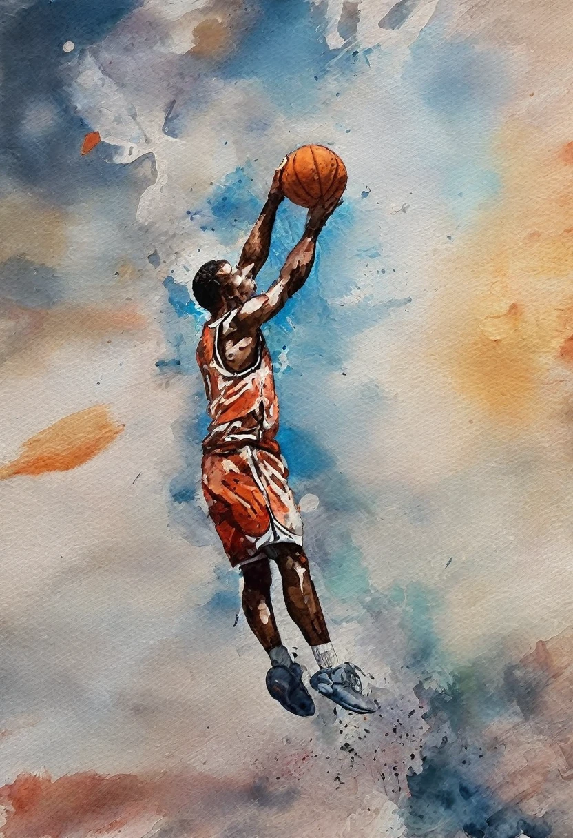  Banksy art sticker, fantasy character, basketball player, basketball uniform, At the basketball scene, the dunking athlete in the air, (dunking:2.0),(dynamic angle:1.5), soul, digital illustration, comic book style,  noir, perfect anatomy, centered, approaching perfection, dynamic, highly detailed, watercolor painting, artstation, concept art, soft, sharp focus, illustration, art by Carne Griffiths and Wadim Kashin, (viewed from below:1.5)