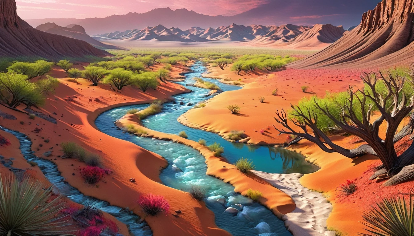 A stunning 3D scene，The area where the desert meets the forest，Vibrant scene，There is a winding creek