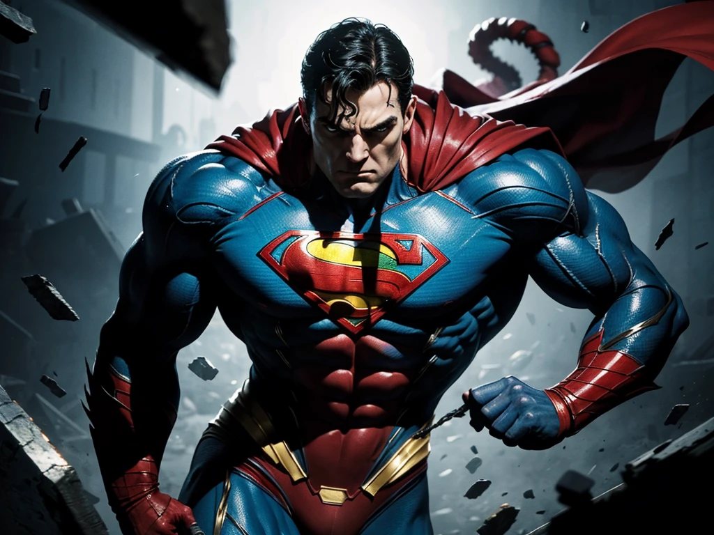 a monstrous carnage symbiote, twisted tendrils coiling around superman's body, epic battle, superhuman strength, intense action, dark and gritty, chiaroscuro lighting, cinematic composition, marvel comics style, dynamic poses, photorealistic, ultra detailed, 8k, dramatic shadows, vibrant colors, muscular male anatomy, strained expressions
