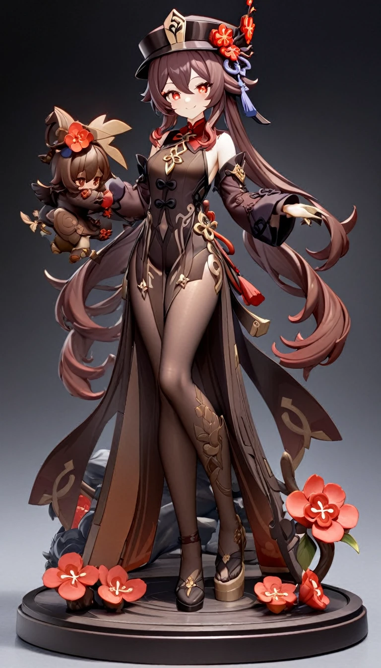 ((masterpiece)),((Highest quality)),(Super detailed),(figure),((Very delicate and beautiful)), 1girl、walnut、Genshin Impact、smile、whole body、hutao,1girl,jewelry,hat,flower,red eyes