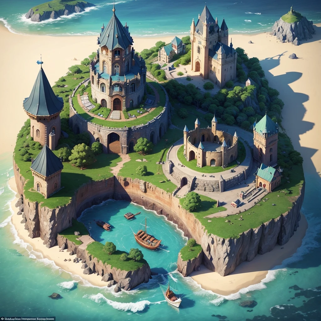 A small magical medieval island city, top-down view, houses, various important locations, wizard's castle, medieval architecture, luminous details, wizard's tower with magical lights, welcoming asylum, vibrant school, robust bank, lively tavern, military training grounds, bustling market, official mayor's building, discreet brothel, port with docks, blue surrounding water, protective walls, vibrant colors, around 40 people living in the city, D&D map, drawn with extreme detail, alone in the ocean, really small island, rpg drawing, fantasy sketch, various buildings, assymetric, round island, very safe and secure. alone in the sea, isolated island, no more islands on sight, 1 island. Small city, simple drawing, sketch, painting, floating island, flying island, painting
