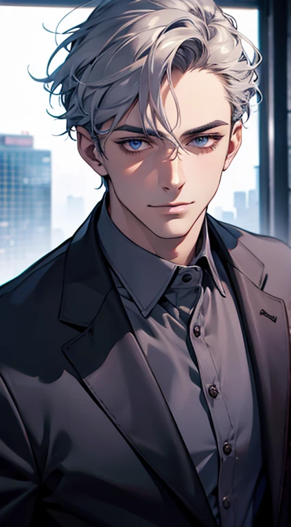(best quality,4k,8k,highres,masterpiece:1.2),ultra-detailed,(realistic,photorealistic,photo-realistic:1.37),1 man,31 years old,mature man,very handsome,without expression,smile,short grey blue hair,blue eyes,penetrating gaze,perfect face without errors,imposing posture,businessman,office background,cinematic lighting,hdr image