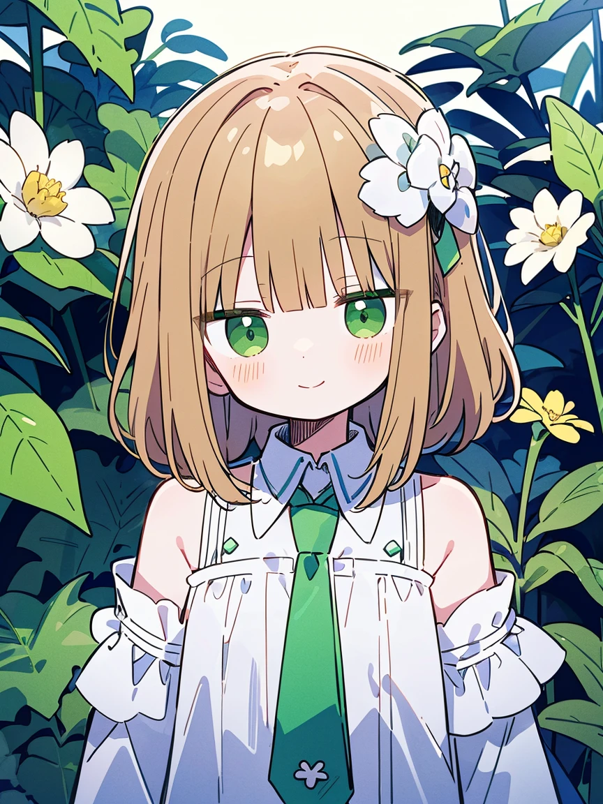 One , brown ponytOneil, White skin, short mOnen, Green Eyes, mOnesterpiece, punk jOnecket, White shirt, Green tie, Shoulders open, Open sleeve, A light smile, flower, quiet, restrOneined, (concept Onert)