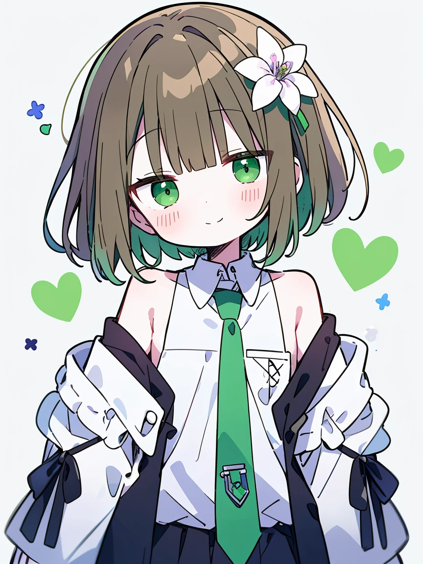 One , brown ponytOneil, White skin, short mOnen, Green Eyes, mOnesterpiece, punk jOnecket, White shirt, Green tie, Shoulders open, Open sleeve, A light smile, flower, quiet, restrOneined, (concept Onert)