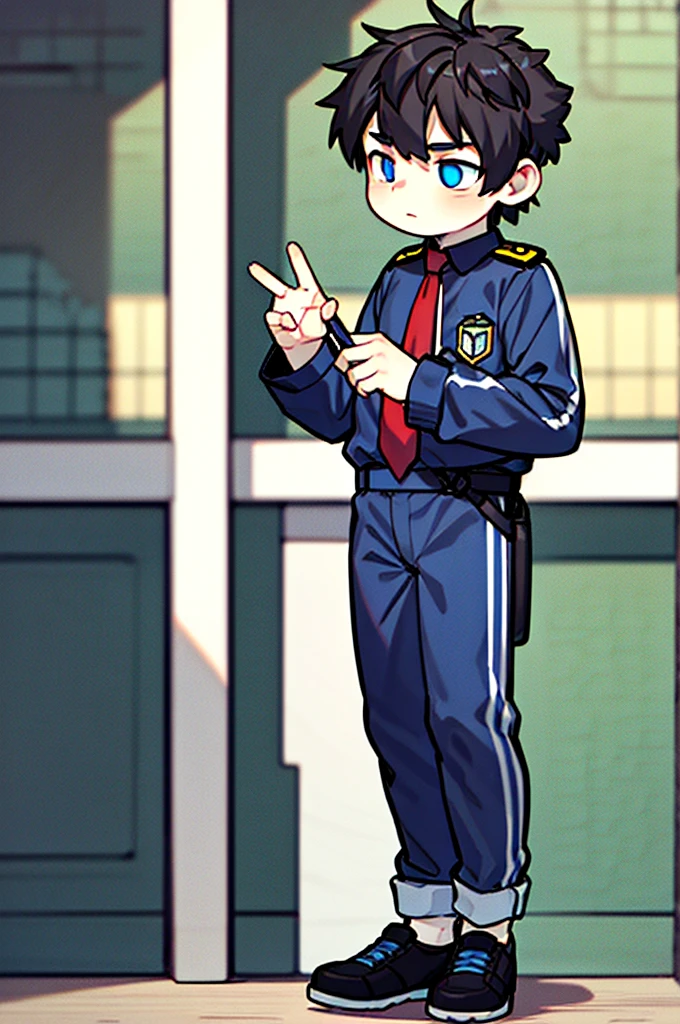 Full character(from head to foots), a male character with white skin,black hair, red left eye and blue right eye, using a black investigator uniform.