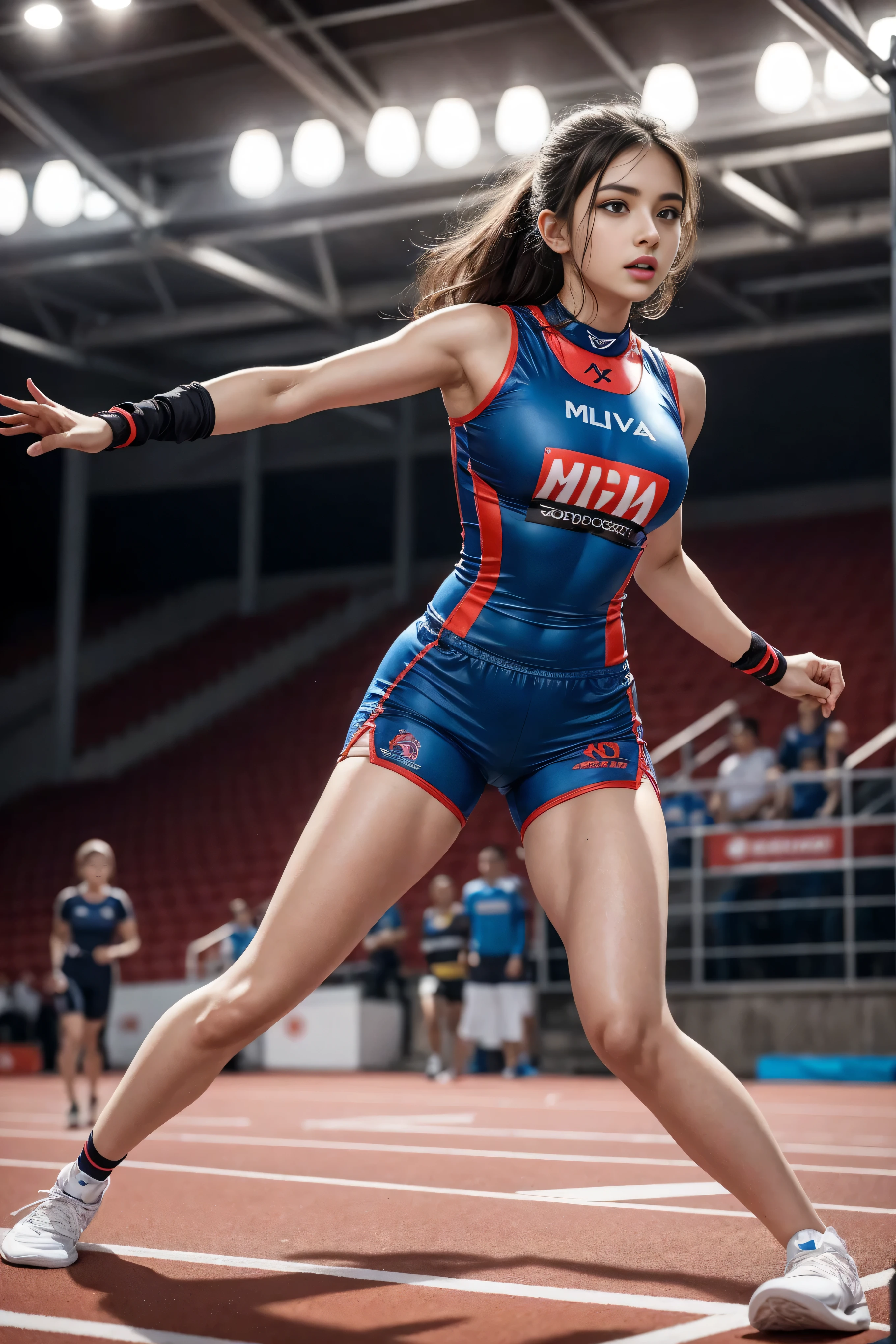Ms. Arav poses on the sprint track in a diving suit, and shorts streetwear, Sports Fashion Photography, Sports and shorts, Hero Muay Thai Stance, mma left hand position, shorts, Sports and shirts, Mina Petrovich, mandy jurgens 8 k 1 5 0 mpx, Short stature, Victoria Gavrilenko
