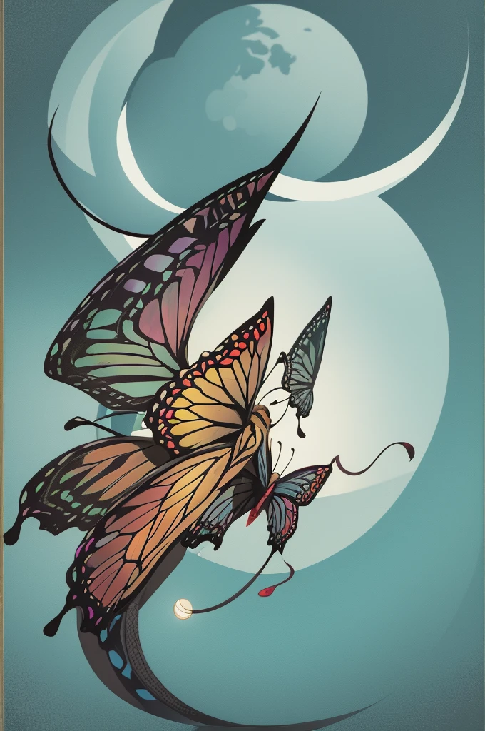 generate an image of a tattoo of a butterfly with a snake and a moon