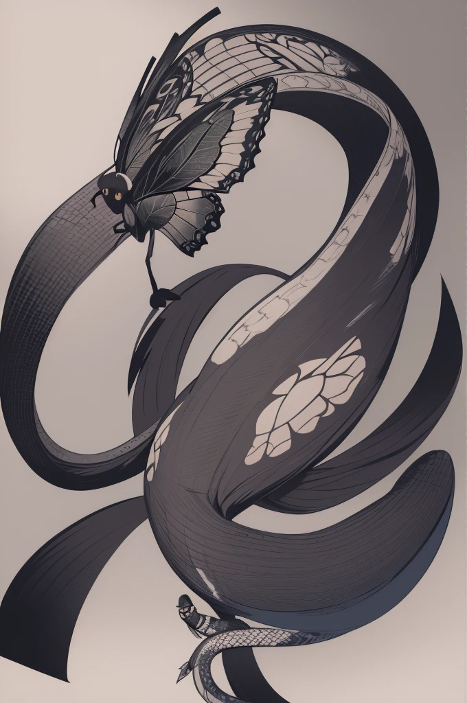 generate an image of a tattoo of a butterfly with a snake and a moon