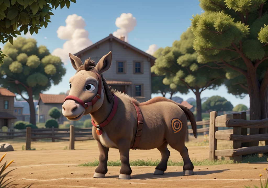 Create a picture of a donkey adult in the field, image pixar - 1280 x 720