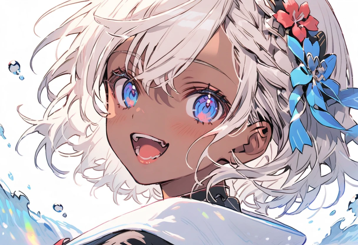 Girl, deep tan skin, brown skin, big ocean like blue eyes, young adult, joy, extra short white hair, eye details, white eyelashes. Albino, white eyebrows