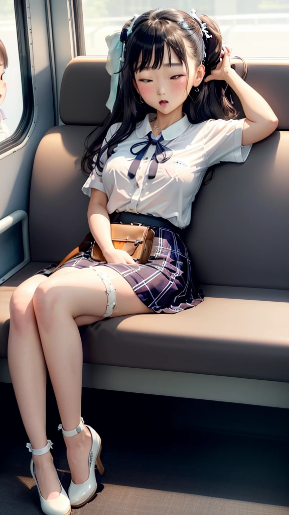 top-quality,ultra - detailed,tmasterpiece,hentail realism,Photorare,Bright lighting,1 girl in, an extremely beautiful 17-year-old girl, (kawaii:1.2),Thin smile, (Brown eyes),(Brown hair),(short-hair),perfect glossy shiny skins,flawless skin,((erotick,Sexy and sexually explicit)),((Exact pointers，No discomfort)), large full breasts,big breasts thin waist, looking at viewert,((Navy blue cardigan)),((Long sleeve uniform white shirt)),(Blue Ribbon),(plaid skirts),(((skirt lift by yourself))),(lifted by self),(((showing   panties))),panties on,Panty Focus,((Sit up,Spread your legs apart)), sockes, (Black knee socks),(Loafer shoes), In the daytime,On the train,Horizontal bench seat，Turn your back to the window、Chignon Hair、