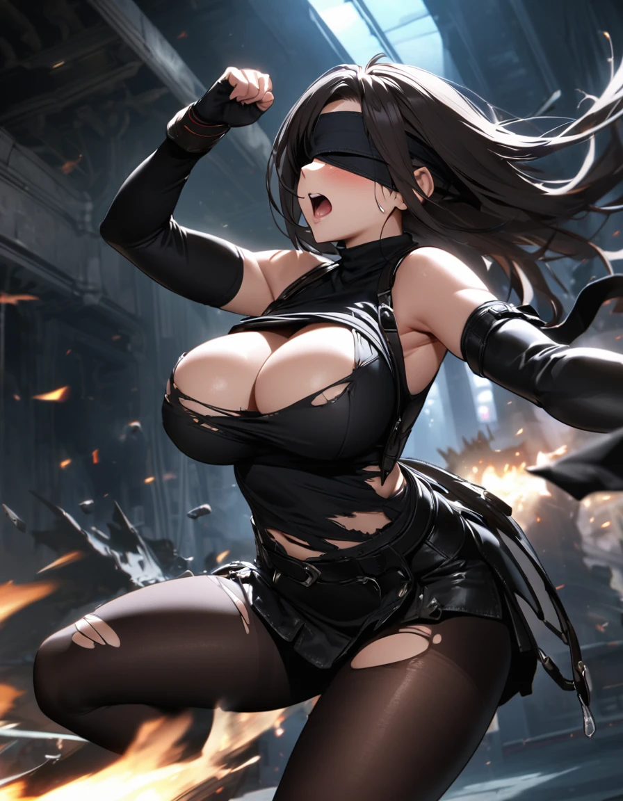 Final Fantasy 7 Tifa Lockhart　　Indoor at night　sexy　Wearing black ripped pantyhose　Wearing a mini skirt、writhing violently、Wearing black torn clothing、Wearing a black blindfold、Big Breasts、Stylish、The moment when the clothes are torn during an attack