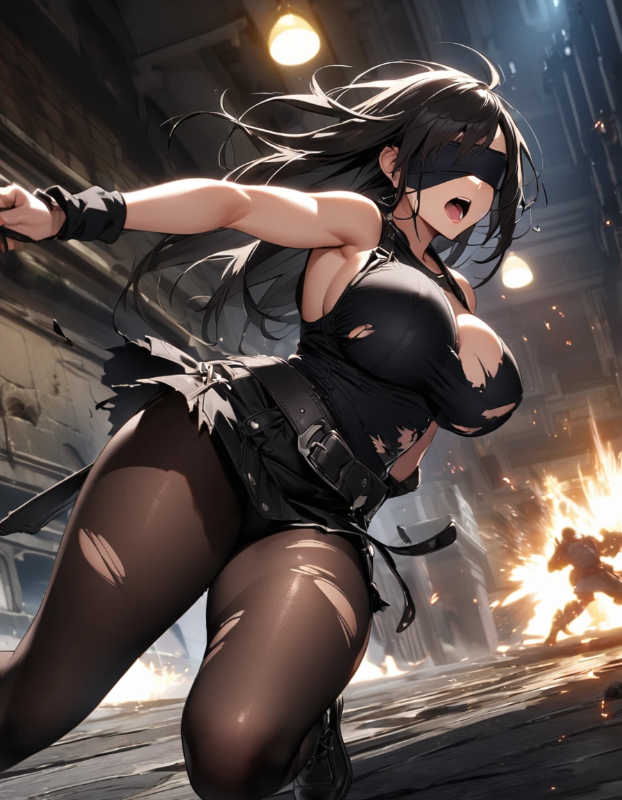 Final Fantasy 7 Tifa Lockhart Indoor at night sexy Wearing black ripped pantyhose Wearing a mini skirt、writhing violently、Wearing black torn clothing、Wearing a black blindfold、Big Breasts、Stylish、The moment when the clothes are torn during an attack