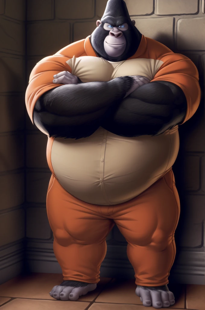 Epic Citizen Zootopia style, My Heroe Academia Character, Dungeons and Dragons Adventure style, A poor villager, Real life, Anime serie, Anime character, Obese muscle Obese Sumo wrestler Werebeast Kid, full body pic (obese, strong legs and arms) Sumo wrestler Werebeast Kid. Obese muscle fat kid (bulky, wide, broad shoulders), Citizen obese Werebeast kid,  big daddy(sing), bara, mature male, gorilla, smile, (pose:1.3), (posing:1.3), (soft shading), 4k, hi res, five fingers, detailed hands, ((detailed face, (detailed eyes:1.0), detailed)), (full body), by zackarry911, by zaush, (by personalami:0.5), prison clothes, prison cell, against wall, crossed arms