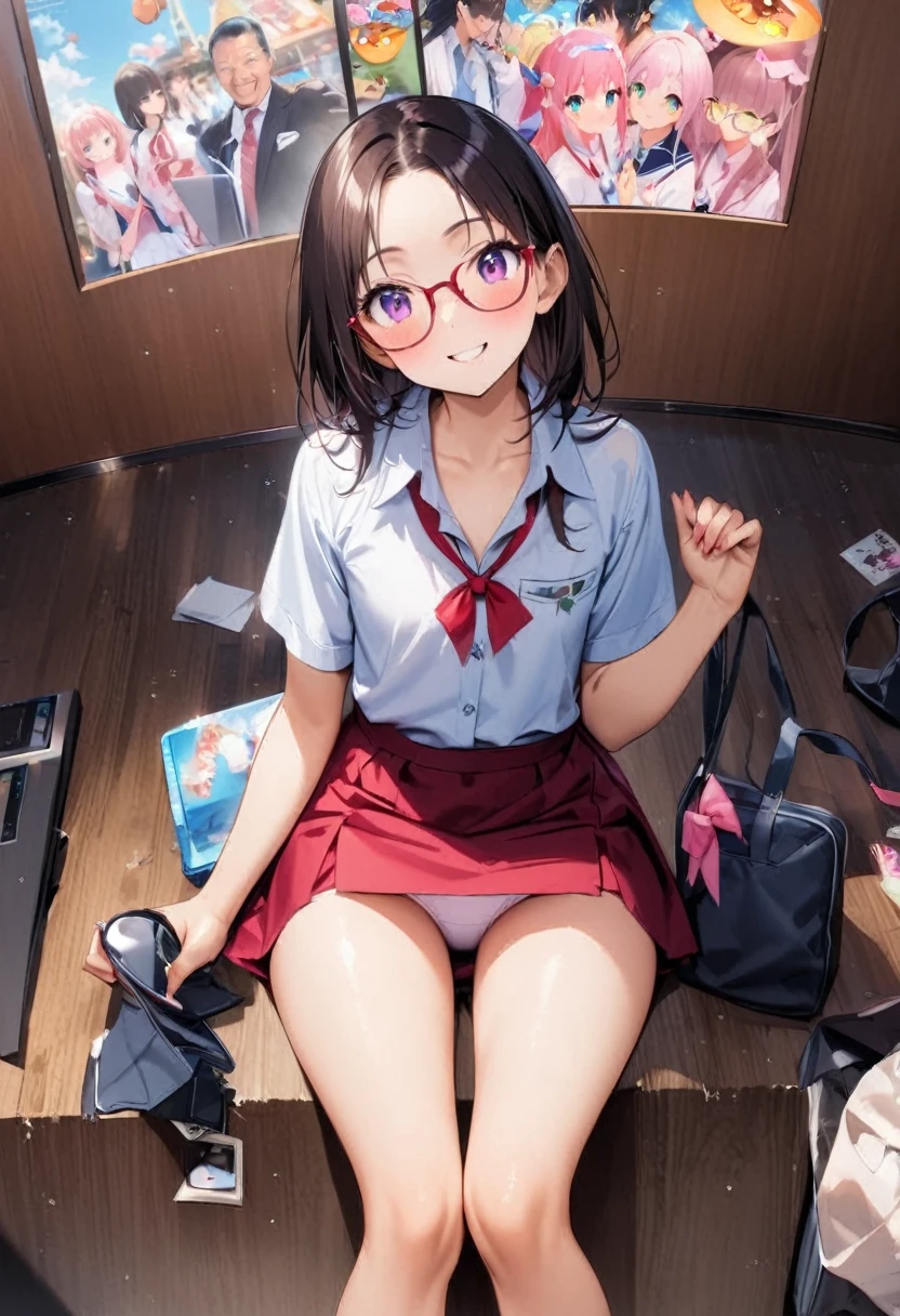 Her miniskirt flutters and her panties are visible、Panty shot、arcade、game machine、Game bench、UFO Catcher、Purikura、Date、Fashionable glasses、forehead、Girl、Girl、Short、Younger、Lower school year、Baby Face、flat chest、smile、Dynamic Angle、masterpiece、best quality、ultra-detail、There are customers around、I'm making a mess、Clothing、school bag、Chairman