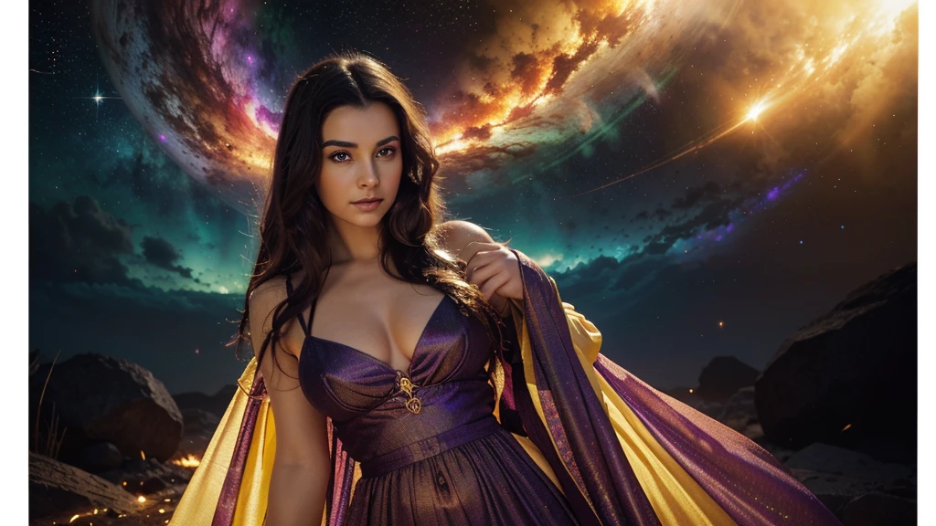 Background: a realm where galaxies collide and celestial clouds swirl. A glow from a thousand cosmic furnaces.
Foreground: a beautiful woman is standing, looking directly at the camera, divine, regal, celestial in appearance. She has long, flowing, dark hair, wide eyes, wearing a long sheer gown cut low in the front, cleavage, and cut up the side to her hip. Add bright, contrasting swirls of yellow, red, purple and green. Add lots of bright, contrasting colors.