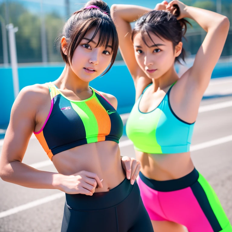 Best quality 8k resolution Ultra detailed Bright neon colored competition sportswear Serious facial expression Two cute beauties Abs Arms up Very short hair High waisted tights Flat chest Japanese Sharp focus Track and field club Very short hair 17 years old Sweating