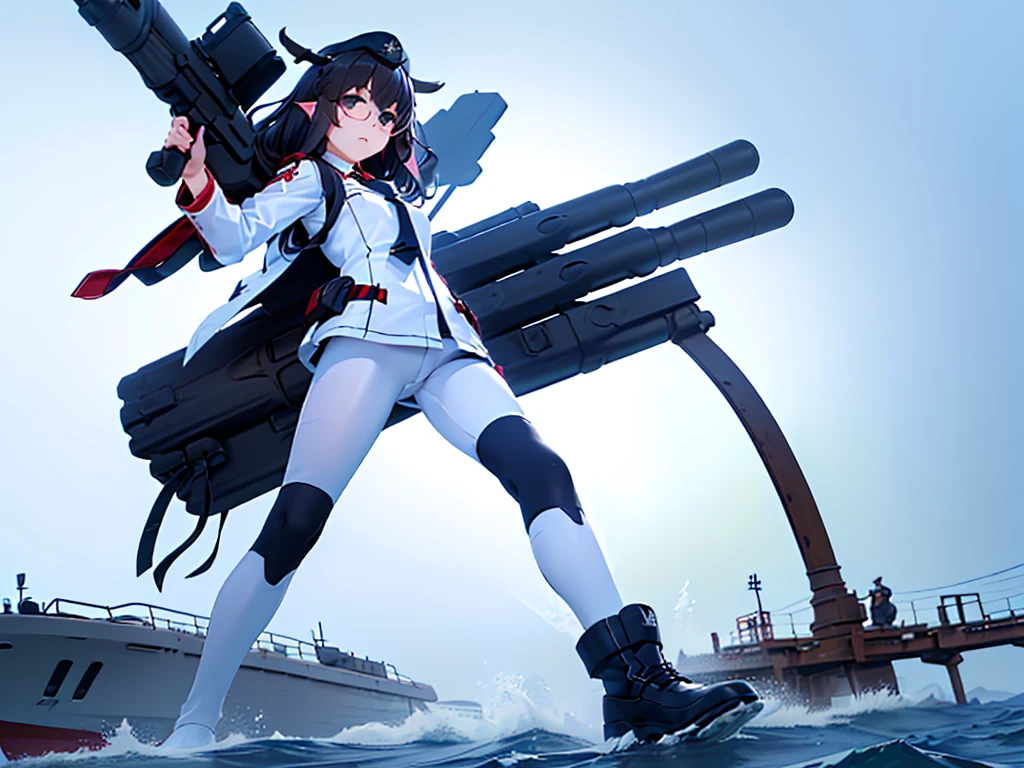 (((masterpiece, Vision))), ((((Full body of a woman with perfect flat chest、1 Female、solo、Short unkempt black hair、Tie your messy hair at the nape of your neck、white military jacket、Miko costume、black tights、Black glasses are black、White military cap、Cloudy black eyes、Confused eyes、Junyo-inspired emblem、Ship-style boots)))), (((Shipgirl))), ((Floating on the morning sea with both feet)), (Standing with your legs apart)), Aim, (Hold the shotgun turret grip with your right hand), (Four mechanical tentacles covered in white armor extend from its back.), (Holding a shotgun with metal tentacles), (Equipped with a bridge on the back), (His left arm holds the grip of a triple-barreled shotgun),