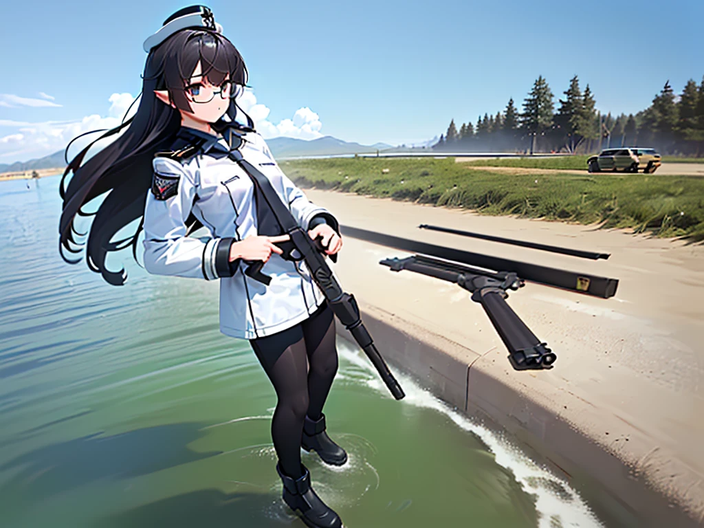 (((masterpiece, Vision))), ((((Full body of a woman with perfect flat chest、1 Female、solo、Short unkempt black hair、Tie your messy hair at the nape of your neck、white military jacket、Miko costume、black tights、Black glasses are black、White military cap、Cloudy black eyes、Confused eyes、Junyo-inspired emblem、Ship-style boots)))), (((Shipgirl))), ((Floating on the morning sea with both feet)), (Standing with your legs apart)), Aim, (Hold the shotgun turret grip with your right hand), (Four mechanical tentacles covered in white armor extend from its back.), (Holding a shotgun with metal tentacles), (Equipped with a bridge on the back), (His left arm holds the grip of a triple-barreled shotgun),