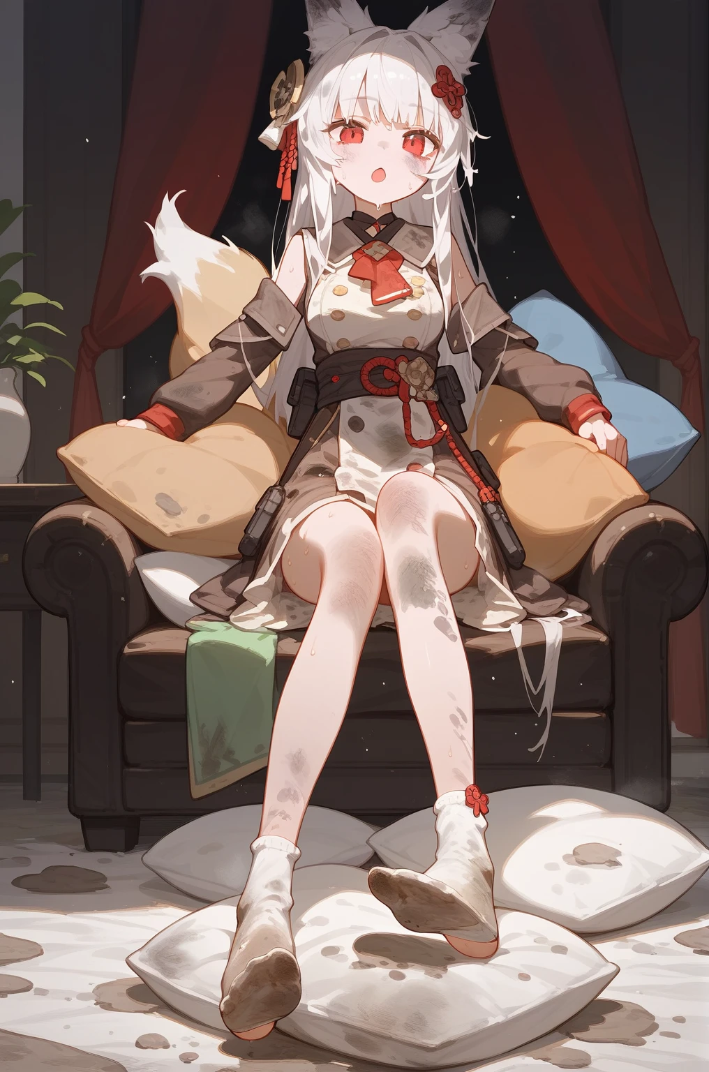 1 girl,dirty,foot,foot底,Red Eyes,breast,solitary,Long hair,White hair,,foot趾,foot部焦点,Looking at the audience,sit,Sweat,open mouth,dirty foot,Keep,indoor,Pillow,Bangs,White knee socks,Fox ears,There'foot的泥土,White clothes,Uniforms,Japanese style,dirtyPillow,dirty床,女孩周围堆满Pillow,女孩踩踏2着Pillow,大量Pillow,Pillow上肮脏,,(Deluxe Rococo Canopy King Bed),On a big and spacious bed,(),,,,Luxurious curtains with ornate ruffles and ribbons surround the bed,((((There are many pillows piled on the bed)))),Detail of Quilt,Detailed bed sheets,女孩踩在Pillow上