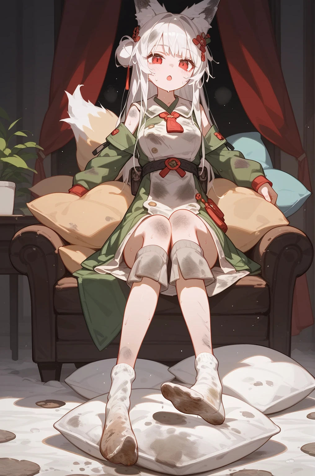 1 girl,dirty,foot,foot底,Red Eyes,breast,solitary,Long hair,White hair,,foot趾,foot部焦点,Looking at the audience,sit,Sweat,open mouth,dirty foot,Keep,indoor,Pillow,Bangs,White knee socks,Fox ears,There'foot的泥土,White clothes,Uniforms,Japanese style,dirtyPillow,dirty床,女孩周围堆满Pillow,女孩踩踏2着Pillow,大量Pillow,Pillow上肮脏,,(Deluxe Rococo Canopy King Bed),On a big and spacious bed,(),,,,Luxurious curtains with ornate ruffles and ribbons surround the bed,((((There are many pillows piled on the bed)))),Detail of Quilt,Detailed bed sheets,女孩踩在Pillow上