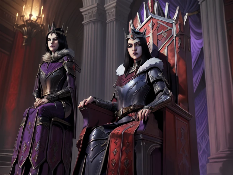 MorganLeFay Smite, 1girl, solo, long hair, looking at viewer, makeup, lipstick, crown, belt, cape, ((hip armor)), armor, fur trim, gauntlets, greaves, ((dress, royal throne, looking down, sitting on the throne, queen, knights, subjects, royal advisor)),
closed mouth, mascara, eye shadow, mole under eye, purple_eyes, black hair,
(castle throneroom, Royal thorne, knights kneeling before the throne),
(insanely detailed, beautiful detailed face, masterpiece, best quality),