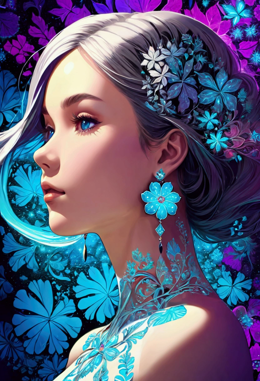 Graphic novel style , portrait, Features, Ink Art,vector,Flat style,illustration,The art of math,1 girl,Unique,Pretty Face,earrings,portrait,Shoulder,artistic conception,Abstract,(Official Art, Beauty and aesthetics: 1.2), (Fractal Art: 1.3), White powder color scheme, (Psychedelic Art:1.5),(Watch from below:1.2),Large color blocks,White,blue,Upper Body,There are flowers,best quality,4K,high resolution,Extremely detailed,Bright colors,Bokeh,Studio Lighting,