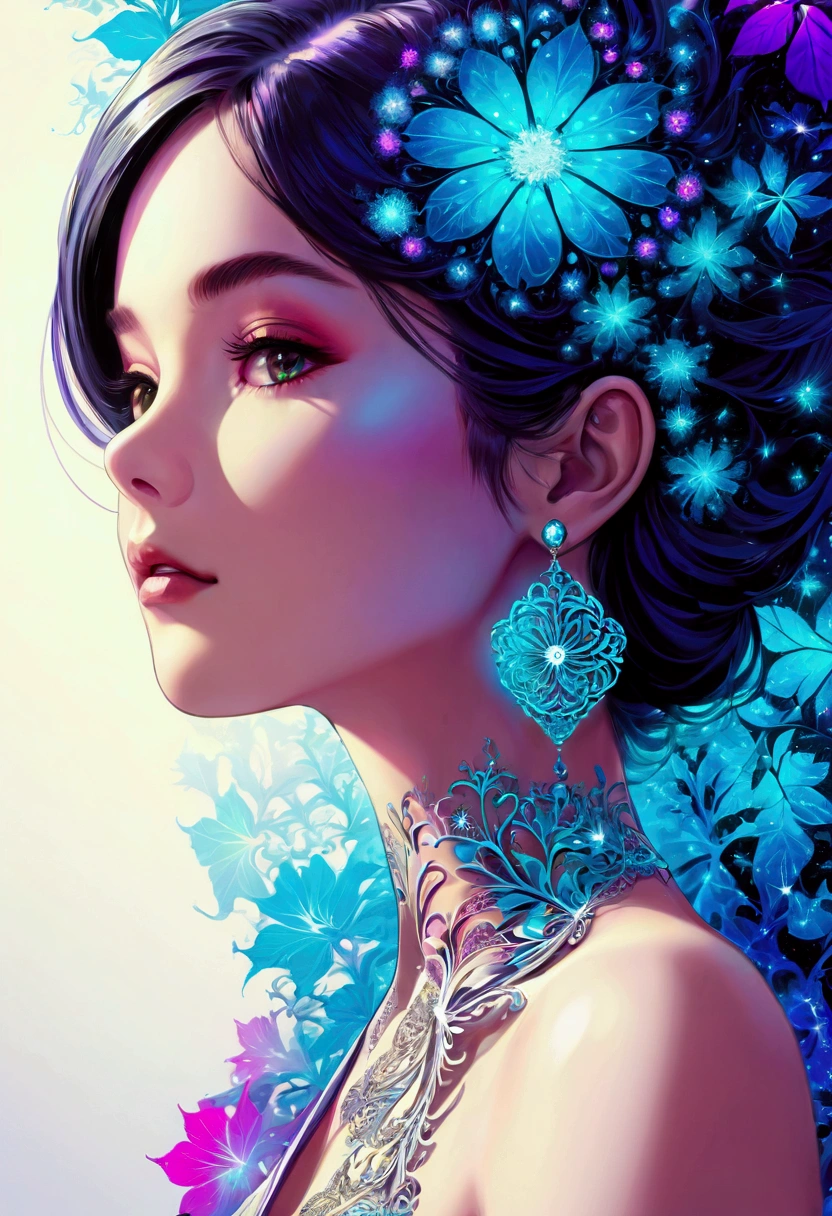 Graphic novel style , portrait， Features, Ink Art，vector,Flat style,illustration,The art of math,1 girl,Unique,Pretty Face,earrings,portrait,Shoulder,artistic conception,Abstract,(Official Art, Beauty and aesthetics: 1.2), (Fractal Art: 1.3), White powder color scheme, (Psychedelic Art:1.5),(Watch from below:1.2),Large color blocks,White,blue,Upper Body,There are flowers,best quality,4K,high resolution,Extremely detailed,Bright colors,Bokeh,Studio Lighting，