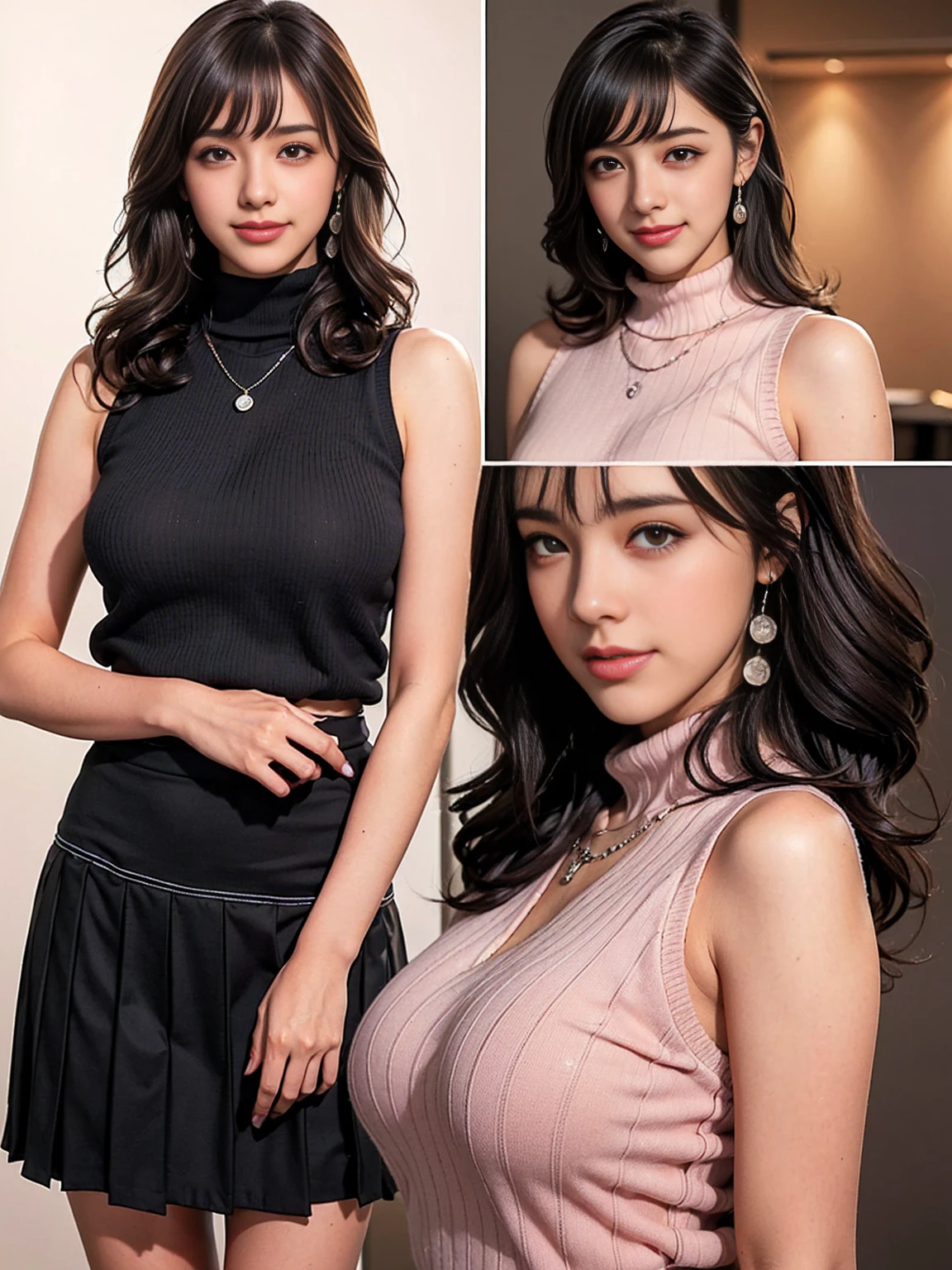 (Highest quality,High resolution,Pixel Perfect,8k), (1 girl:1.2), Beautiful woman,((Wavy mid-length hair, bangs, Brown Hair)), ((Brown eyes, Beautiful eyelashes, Realistic eyes)), ((Detailed face, blush:1.2)), ((Smooth texture:0.75, Realistic texture:0.65, Realistic:1.1, Anime CG style)), Mid-chest, Perfect body, (Earrings,necklace,Sleeveless turtleneck sweater,mini skirt, ((Skirt flip)), A shy smile)), ((Her lacy panties are visible:1.1), (Multiple Views,Two Perspectives)
